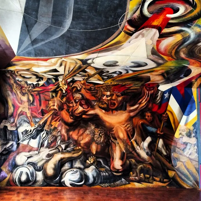 Murales «Muerte al invasor», de David Alfaro Siqueiros y «De México a Chile», de Xavier Guerrero
